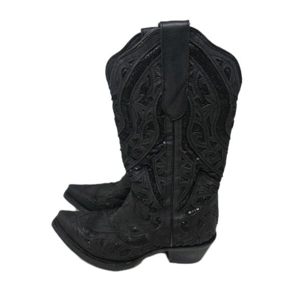 JB Dillon Reserve Womens Cowgirl Leather Boot Black Sequin Poppy Sz 7.5B - Picture 1 of 13
